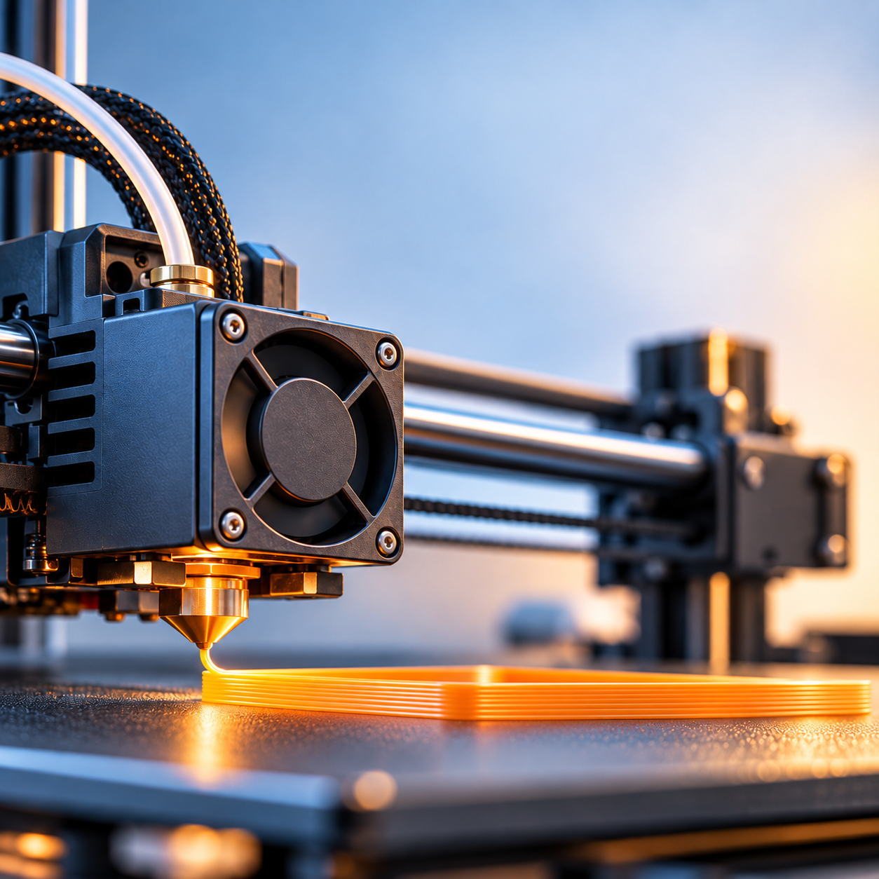 Tête d'impression d'une imprimante 3D déposant un filament orange, couche par couche