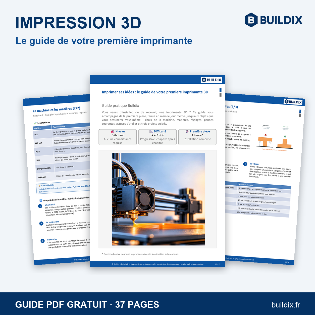 Le guide gratuit Bien démarrer en impression 3D : couverture et pages sur les matières et les supports