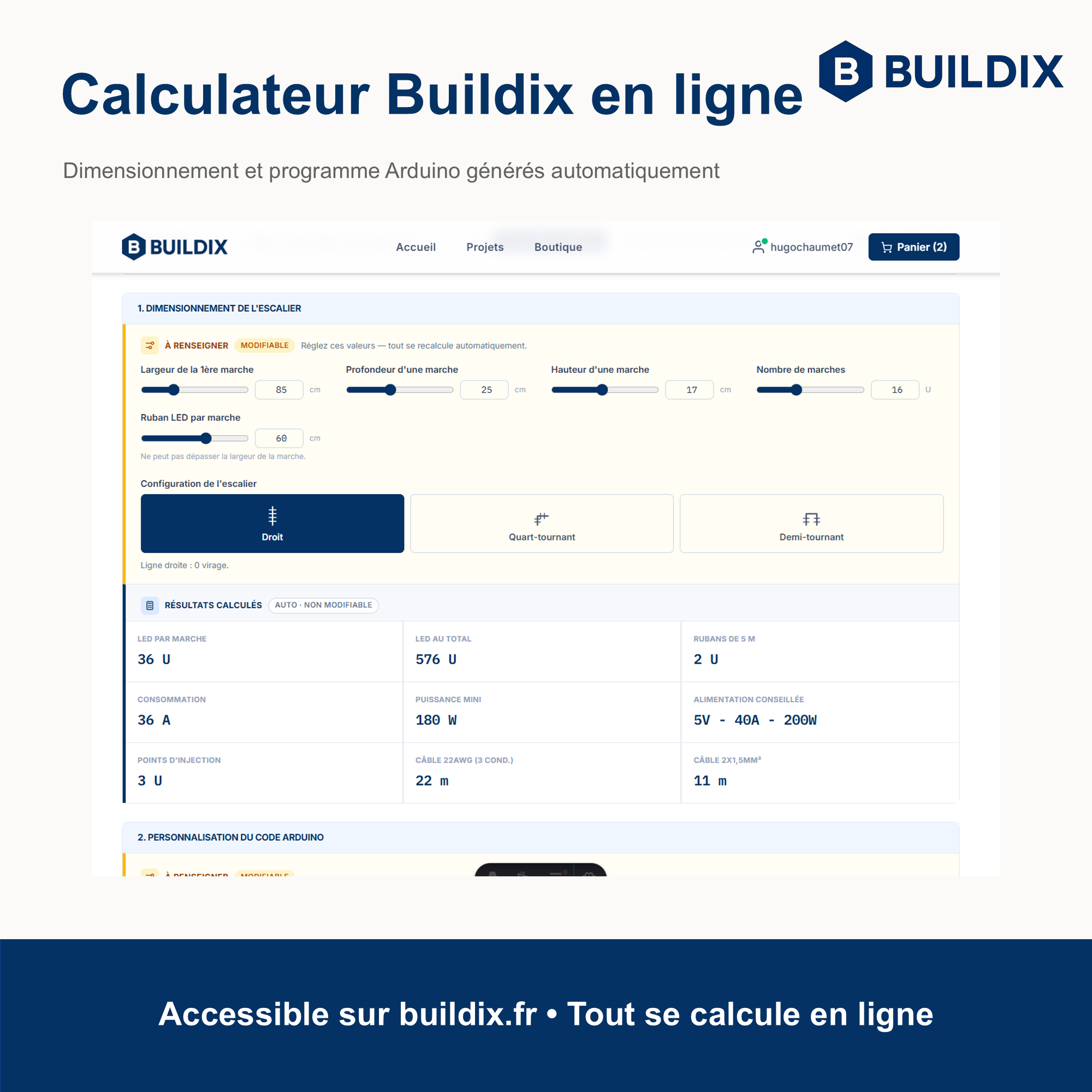 Le calculateur Buildix en ligne : dimensionnement de l'escalier et programme Arduino générés automatiquement