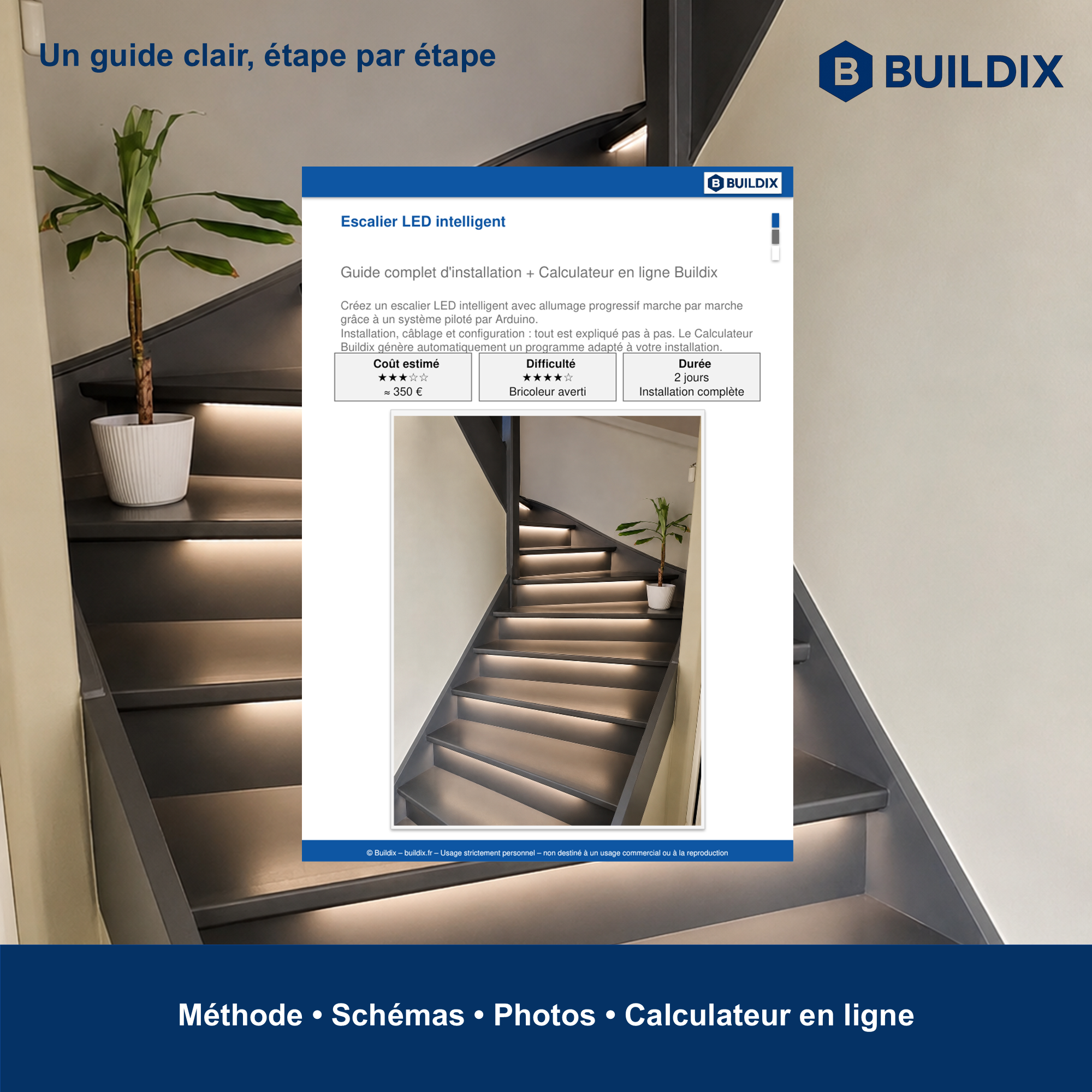 La couverture du guide Escalier LED, avec le coût estimé, la difficulté et la durée d'installation