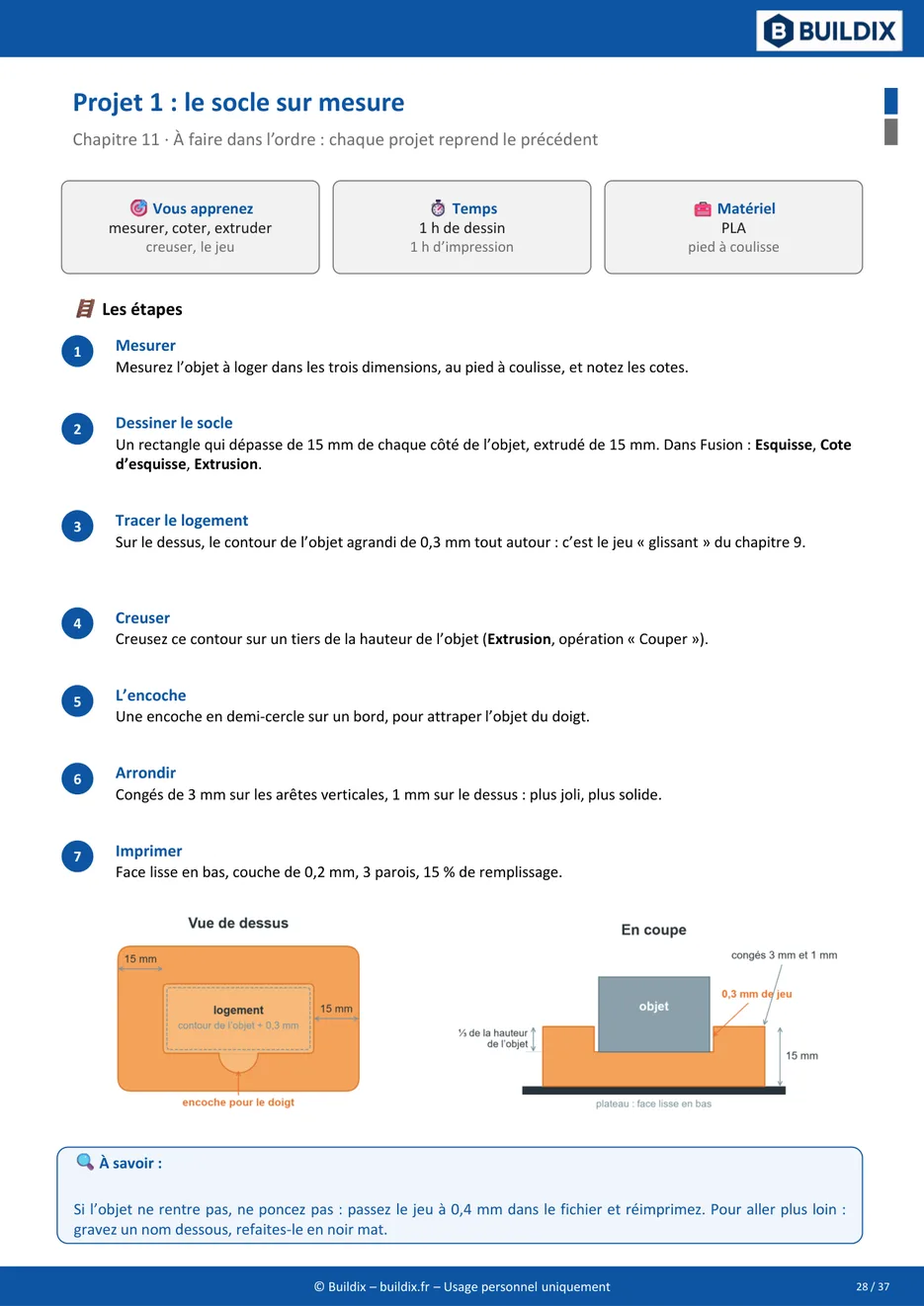 Page du guide : projet guidé du socle sur mesure, étapes et schéma coté