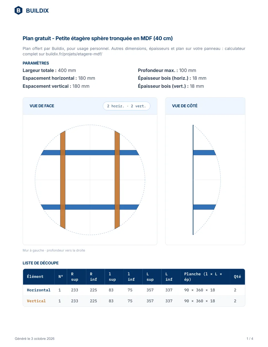 Page 1 du plan : paramètres, vue de face, vue de côté et liste de découpe de l'étagère sphère tronquée